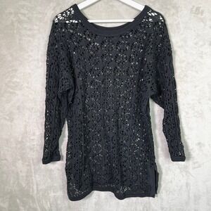 Black Crochet Lace Sheer Tunic Top Long Slv L Boho Goth Festival Layer Cover Up